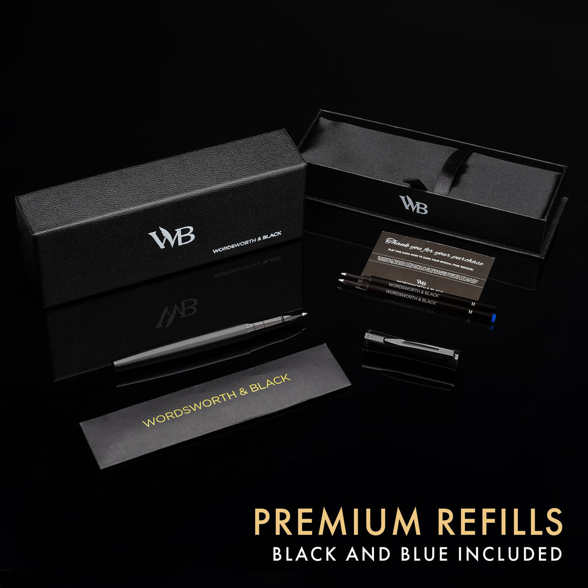 Wordsworth and Black Rollerball Pen - Luxury Pen - All Black Lacquer Finish, Ink Refill, Refillable Gift for Men & Women, Professional Writing, Nice and Fancy Pens and for Work