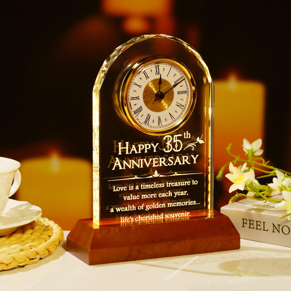 YWHL 35th Wedding Anniversary Clock Gifts for Couple, 35 Years for Wife Husband, Table Clock Glass Presents with Wooden Light Base for HomeDecoration (Battery not Included)