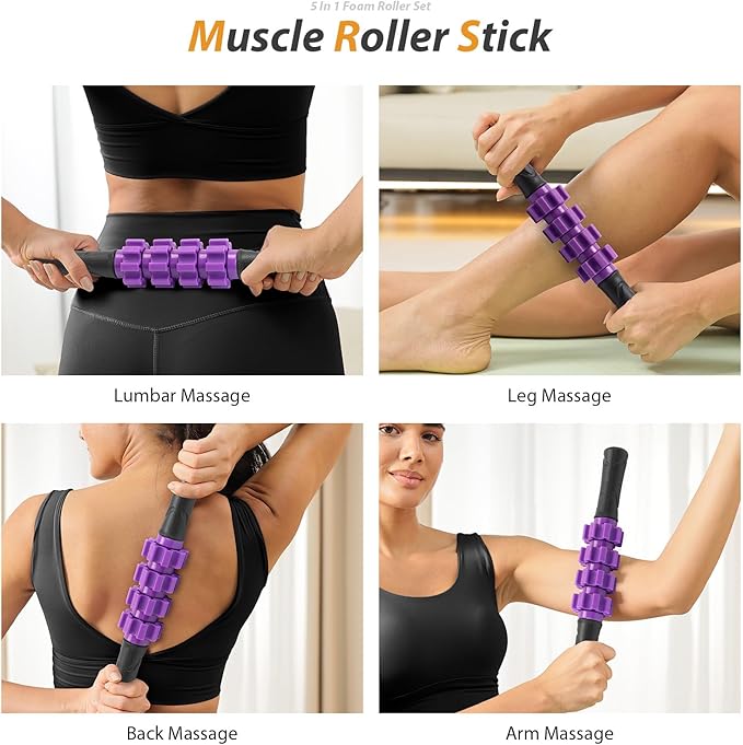 5 in 1 Foam Roller Set - Trigger Point Foam Back Roller, Muscle Roller Stick, Massage Ball, Stretching Band for Deep Muscle Massage Pilates Yoga,Fitness Exercise for Whole Body Release (Purple)