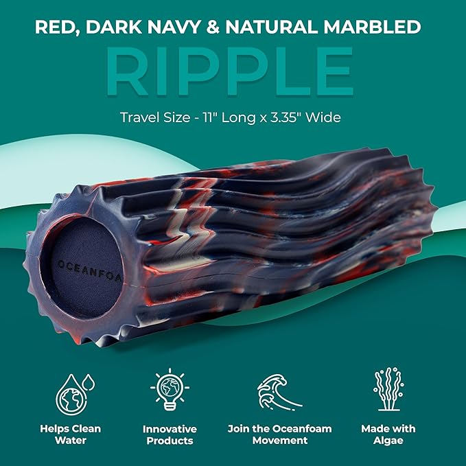 Oceanfoam Ripple Travel Foam Roller (11" x 3.35") Firm Mini Foam Roller for Physical Therapy, Deep Tissue Massage, Back Pain - High Density, Wave Textured - Yoga (Red, Dark Navy & Natural Marbled)
