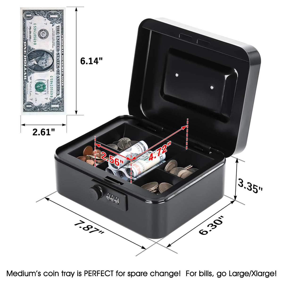 KYODOLED Cash Box with Combination Lock Safe Metal Money Box with Money Tray for Security Lock Box 7.87"x 6.30"x 3.35" Black