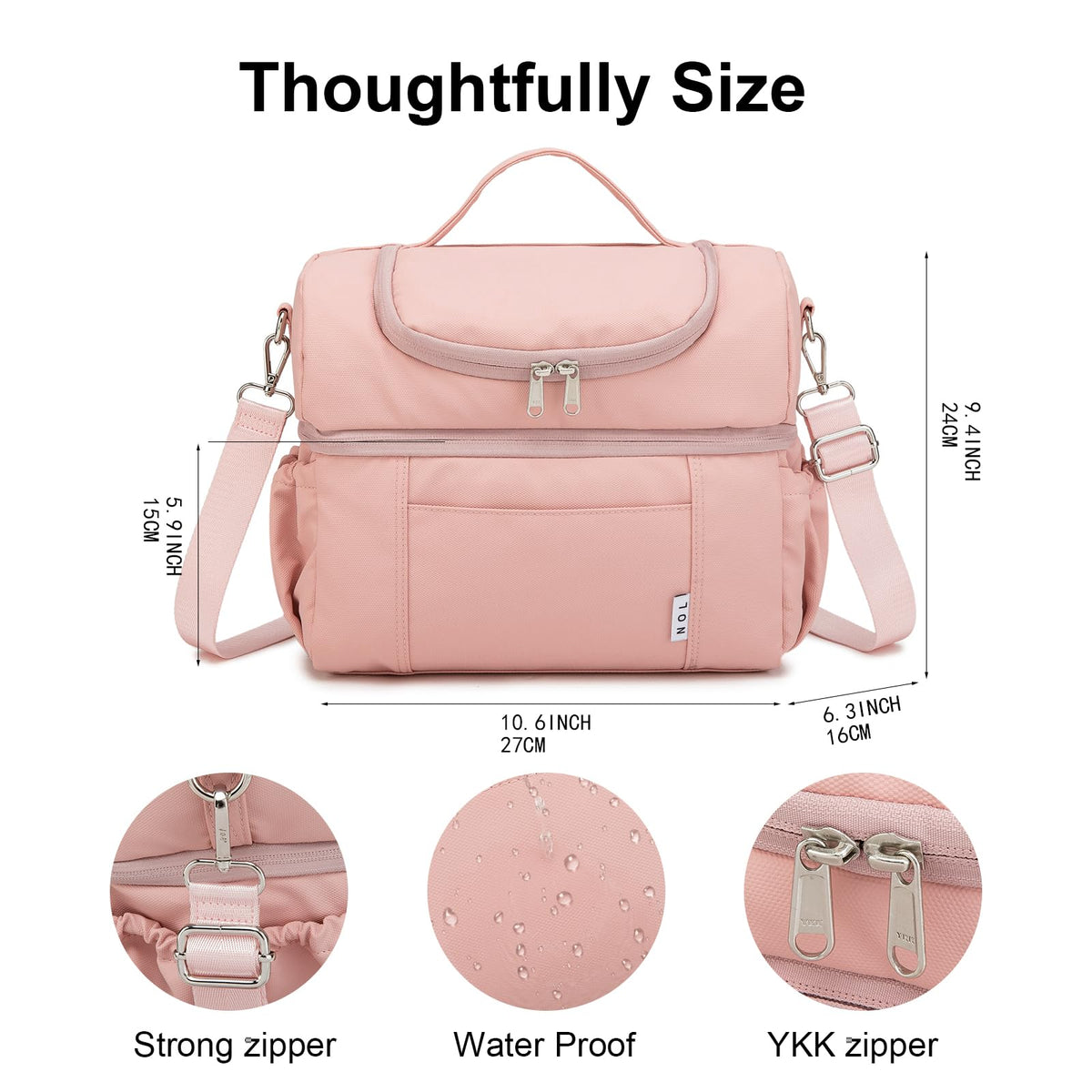 NOL Natural Organic Lifestyle Adult Lunch Box Insulated Lunch Bag Large Dual Compartment Lunch Bag Coolers Lightweight Nylon Waterproof Lunch Box for Work, Picnic, Travel, Outdoors, Pink