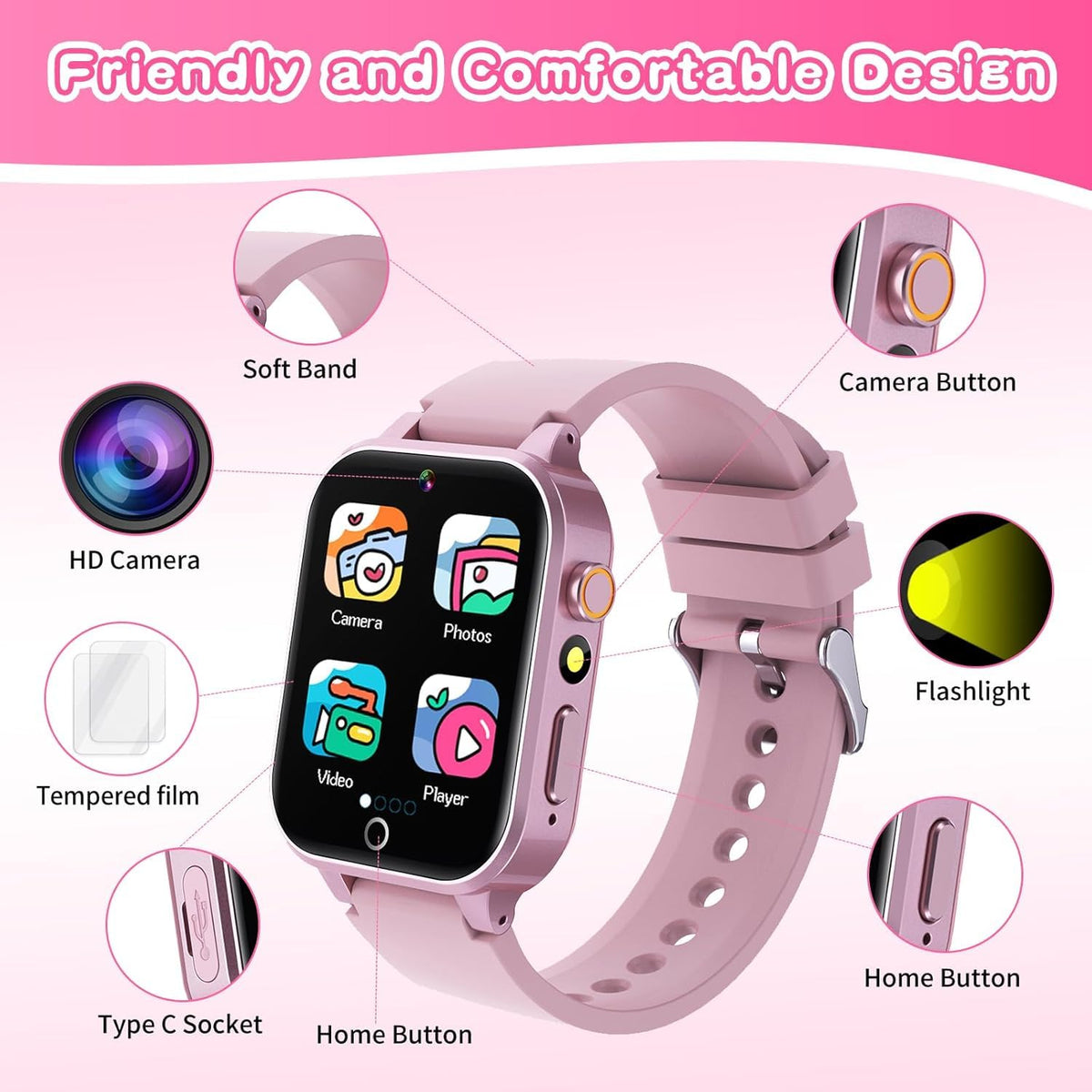 Kids Smart Watch Gift for Girls Age 5-12, 39 Games HD Touch Screen Watches with Video Camera Music Player Pedometer Flashlight 12/24 hr Educational Toys Birthday Gifts for Girls Ages 7 8 9 10