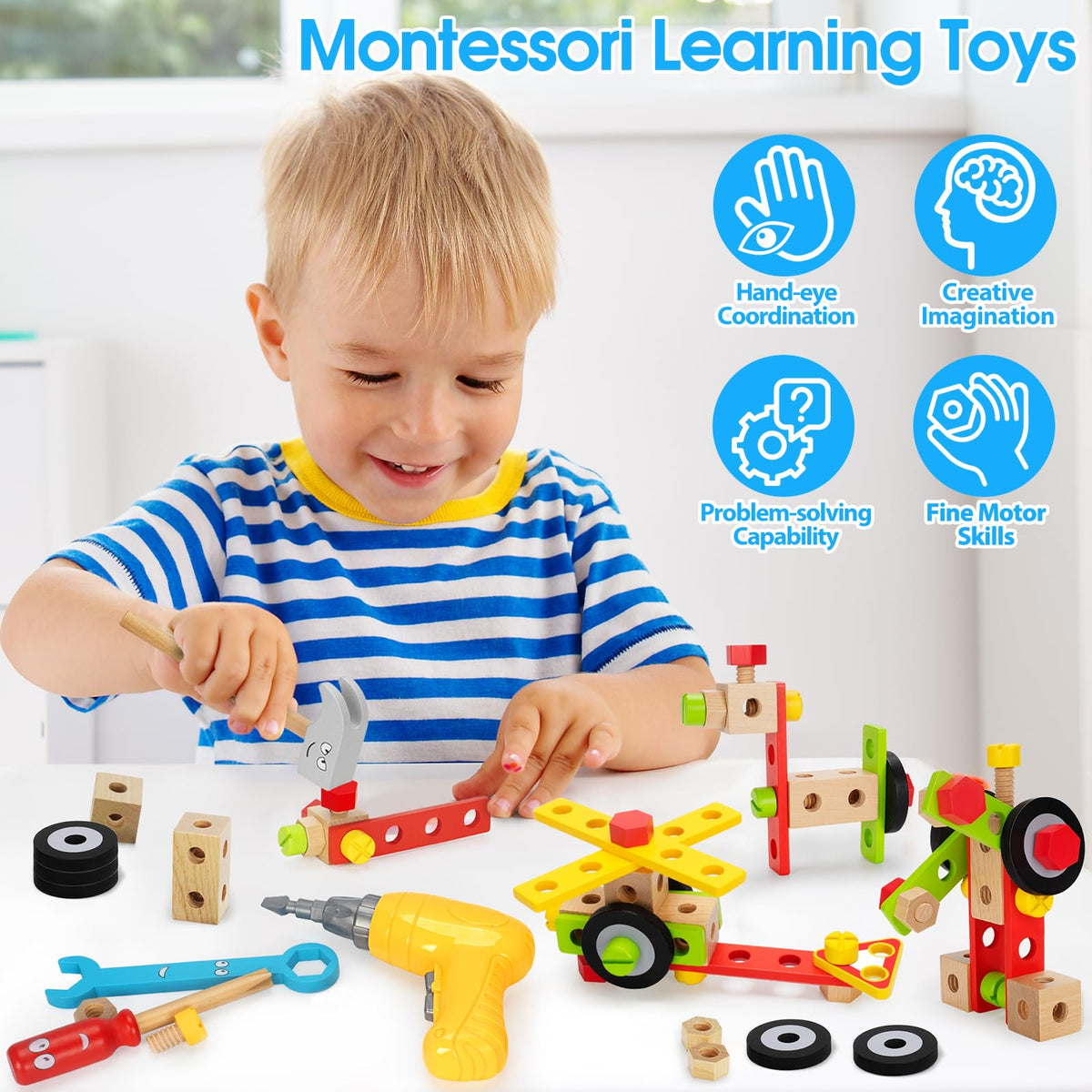 Kids Tool Set Toy with Drill, Stem Montessori Toys for 3 4 5 Years Old Boy Girl, 44 Pcs Wooden Toddler Tool Kits Inc Box, Learning Educational Construction Toy