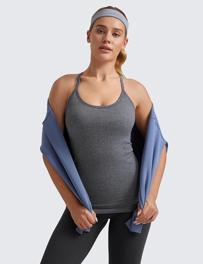 CRZ YOGA Seamless Workout Tank Tops for Women Racerback Athletic Camisole Sports Shirts with Built in Bra