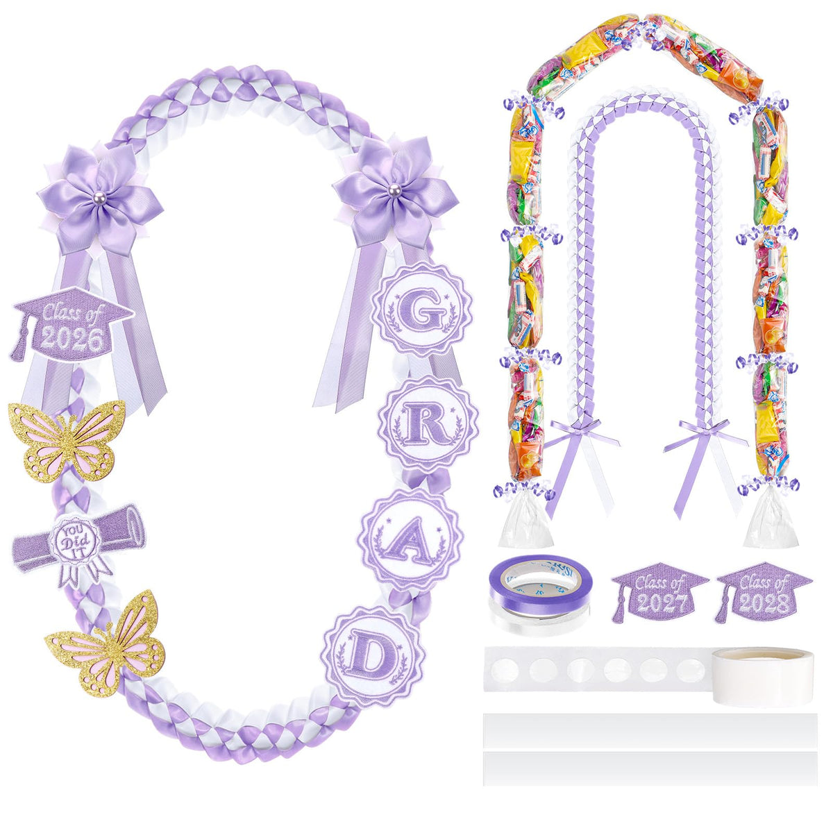 Spakon 19 Pcs Graduation Leis 2026 Graduation Candy Lei Kit Class of 2026 Ribbon Double Lei Necklace Party Accessories(Purple)