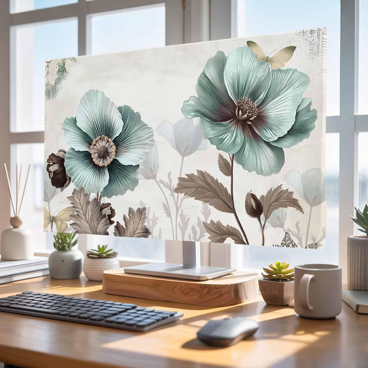 Yukro 85 Inch, 74"x42" Teal Broccoli Indoor TV Dust Cover, Rustic Farmhouse Flower Leaf Victorian Style Elastic TV