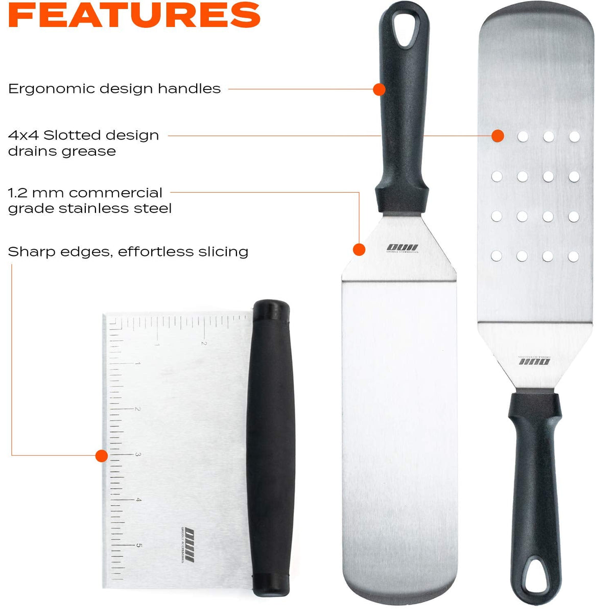 OUII Flat Top Griddle Accessories for Blackstone and Camp Chef Griddle - 9 Pieces Set with Griddle Cleaning Kit and Carry Bag! Metal Spatula, Scraper for Hibachi and Teppanyaki Grill
