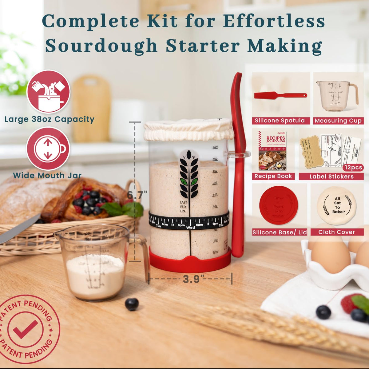 Sourdough Starter Kit - 38oz with Cookbook, Measuring Cup, Spatula, Wide Mouth Jar Cover, Thermometer, Date Marked Feeding Band, Glass Jar for Baker, Bread Baking Supplies