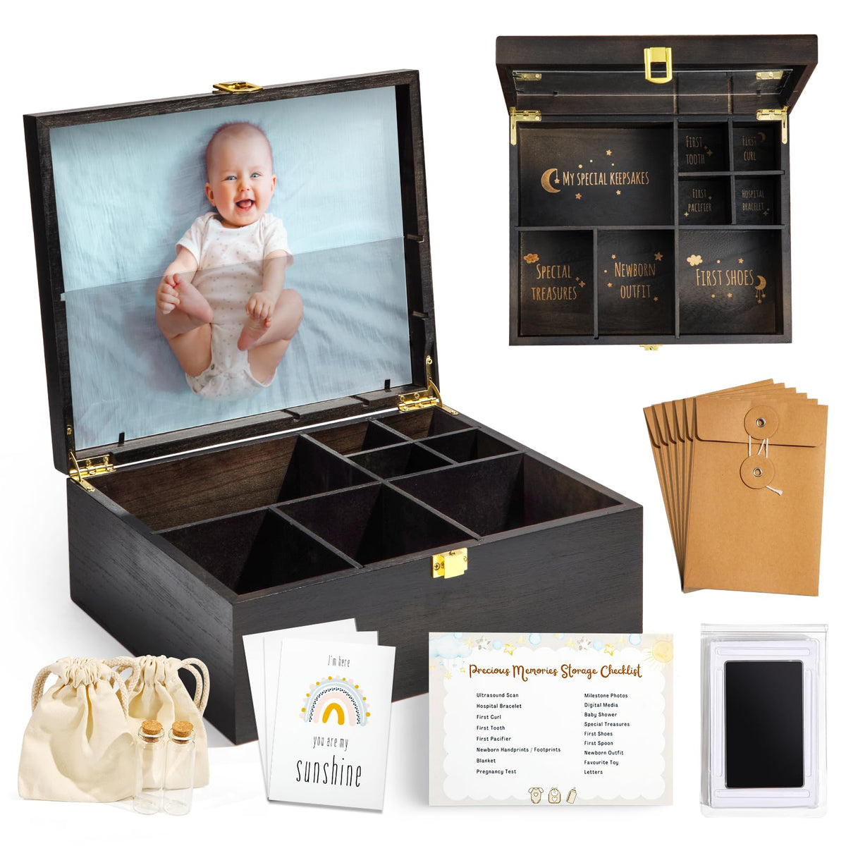 Baby Keepsake Box Wooden with 6 Additional Items - Baby Shower Gifts for Girls Boys New Mom, Newborn Essentials Must Haves Memory Box with Tooth Fairy Tooth Holder, Engraved with Guidelines, Large
