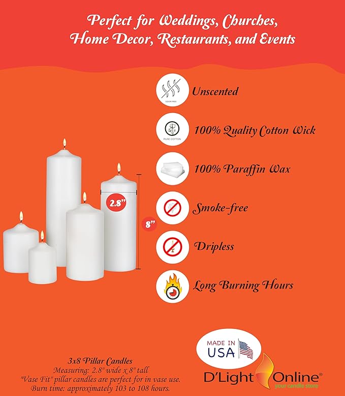 3 X 8 Inch Pillar Candles Set of 12 Bulk Event Pack Round Unscented Premium Wax Pillar Candles for Wedding, Spa, Party, Birthday, Holiday, Bath, Home Decor and Christmas Decors (3X8, Red)