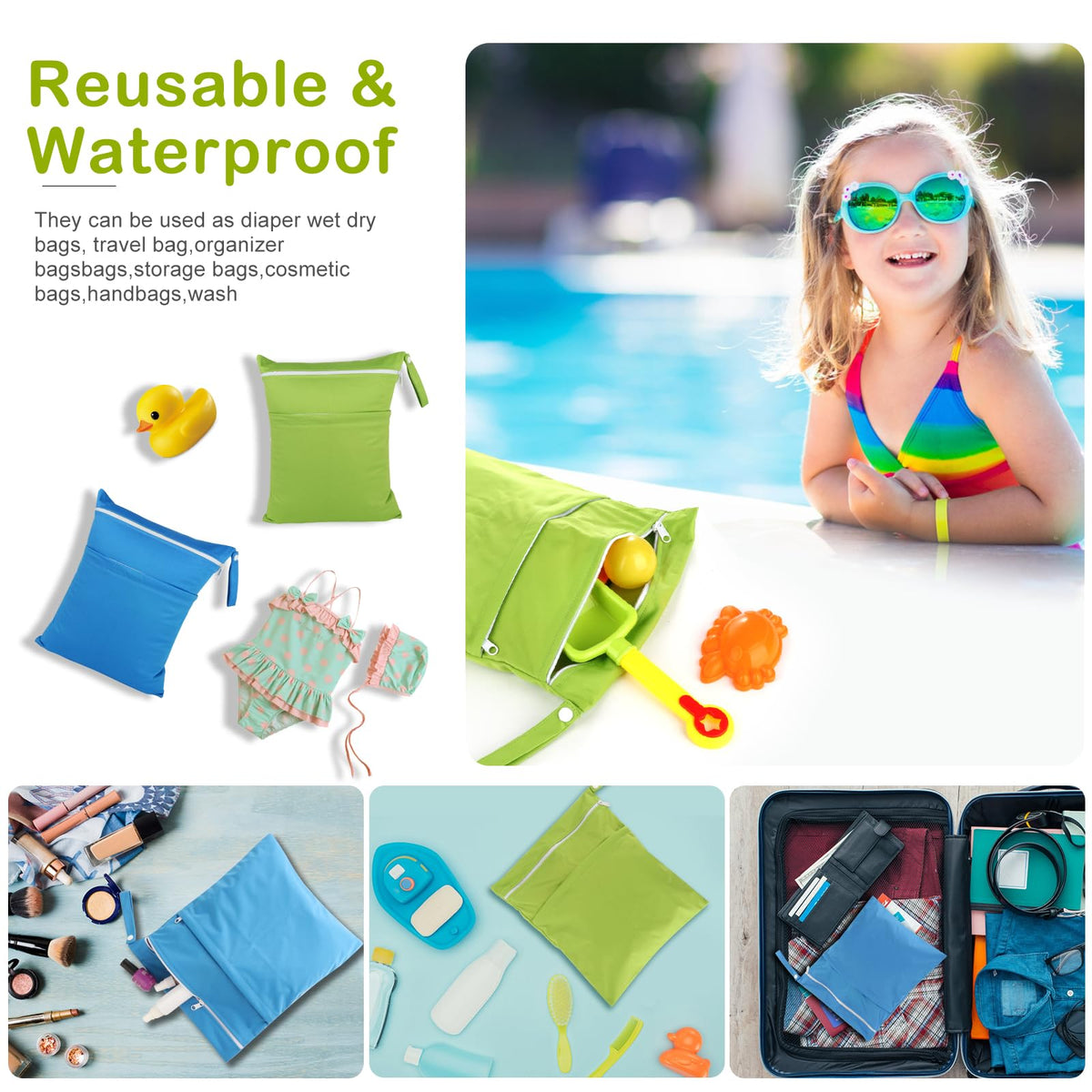 Angel Love Baby Cloth Diaper Wet/Dry Bags, 2 Pack With Two Zippered Pockets, Waterproof Washable Reusable for Travel, Beach, Pool, Gym, Swimsuits or Wet Clothes, L0109