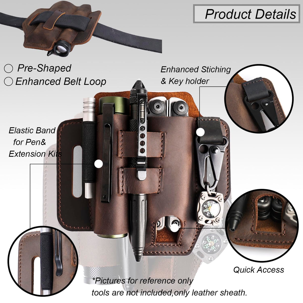 Topstache Multitool Sheath for Belt - EDC Belt Organizer - Leather Multitool Holster with Flashlight Holder, Elastic Band Pen Holder and Keychain Clip - Multitool Holder - Multitool Pouch, Darkbrown