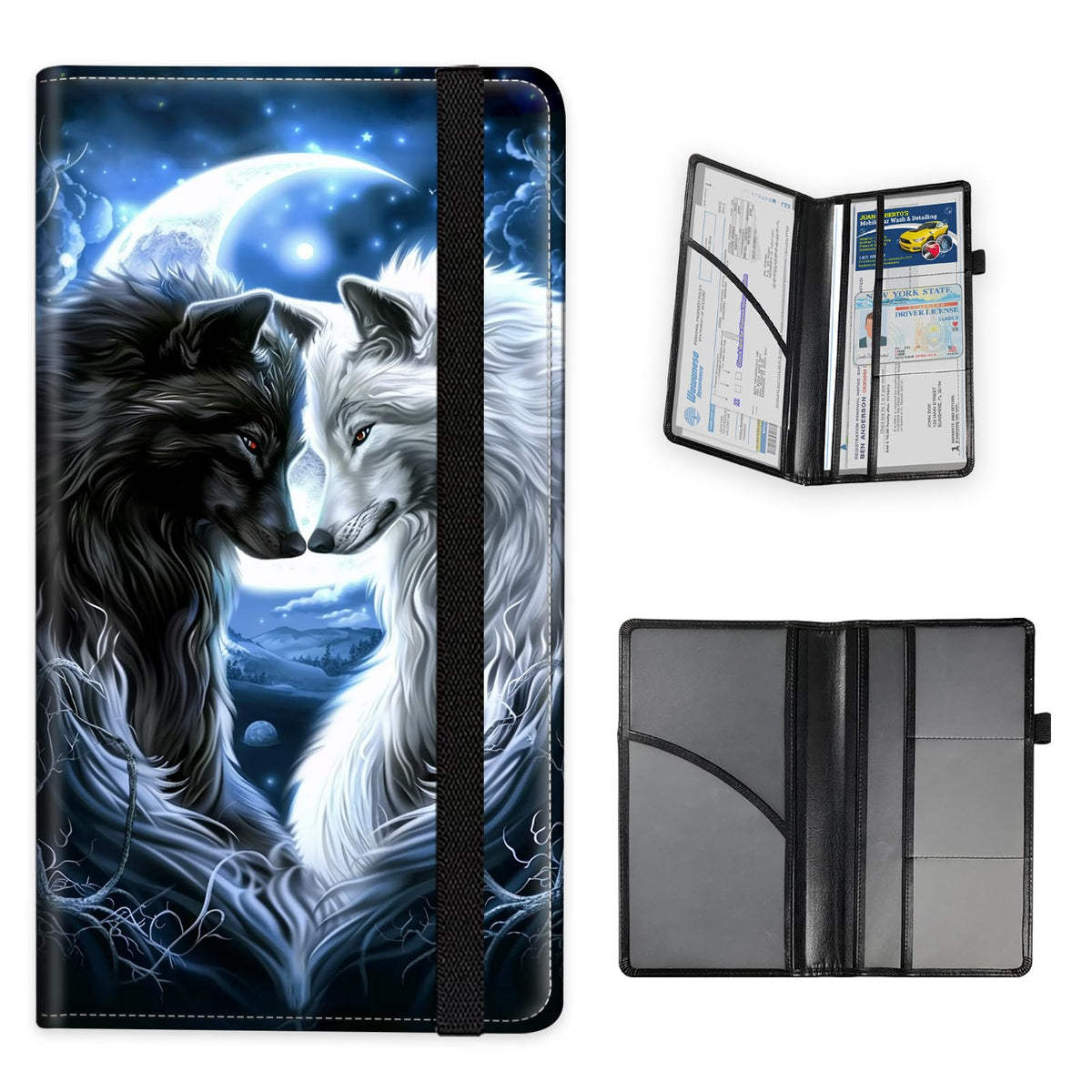 Tudguiloae Car Registration and Insurance Card Holder, Trunk Document Holder Organizer, Essential Vehicle Glove Box Organizer Leather Wallet for Driver,Wolves Love