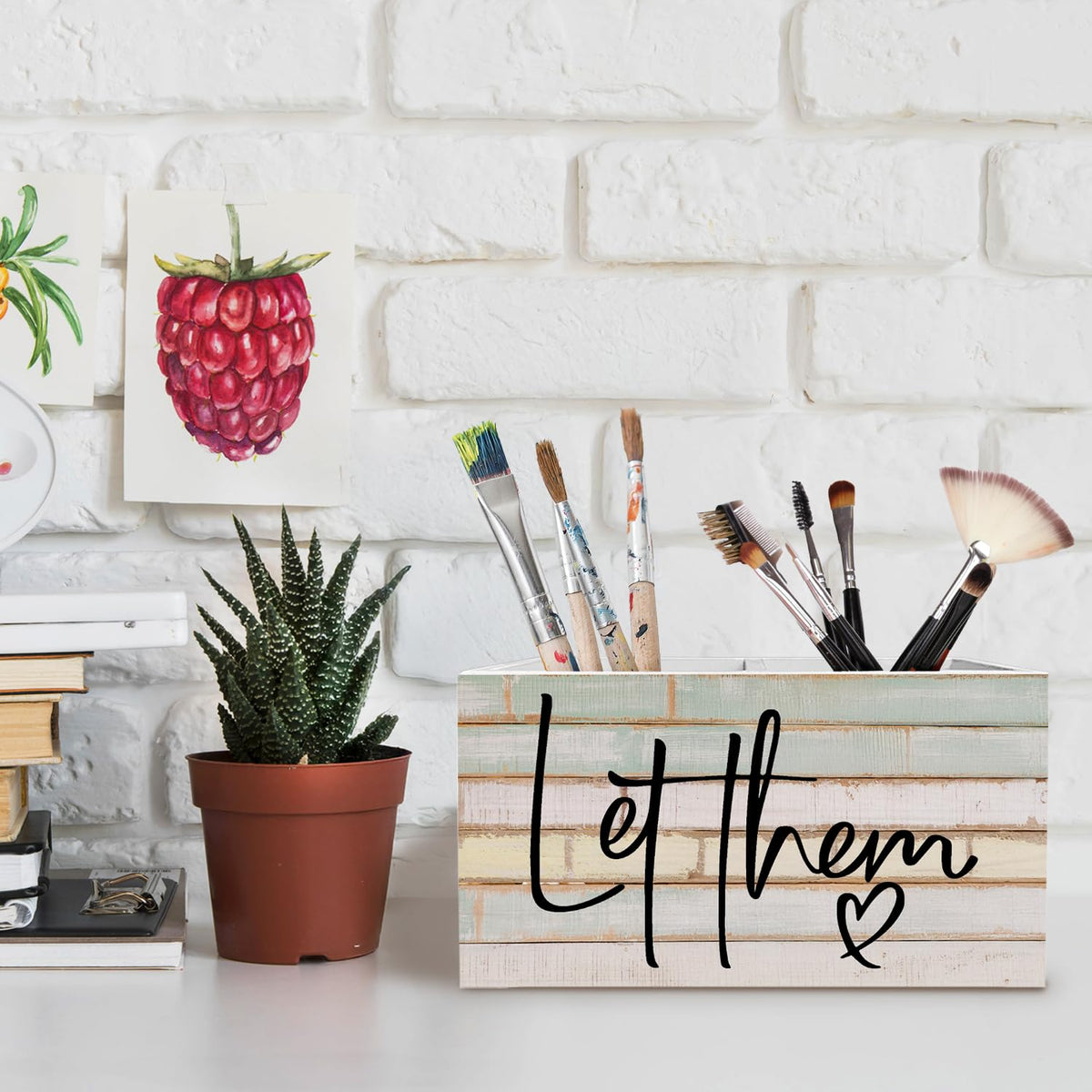 METNBASYY Rustic Let Them Inspirational Pen Holder for Desk, Motivational Gifts Pencil Organizer, Mental Health Psychology Gifts Wooden Box Sign Desk Decor for Home Office Decoration