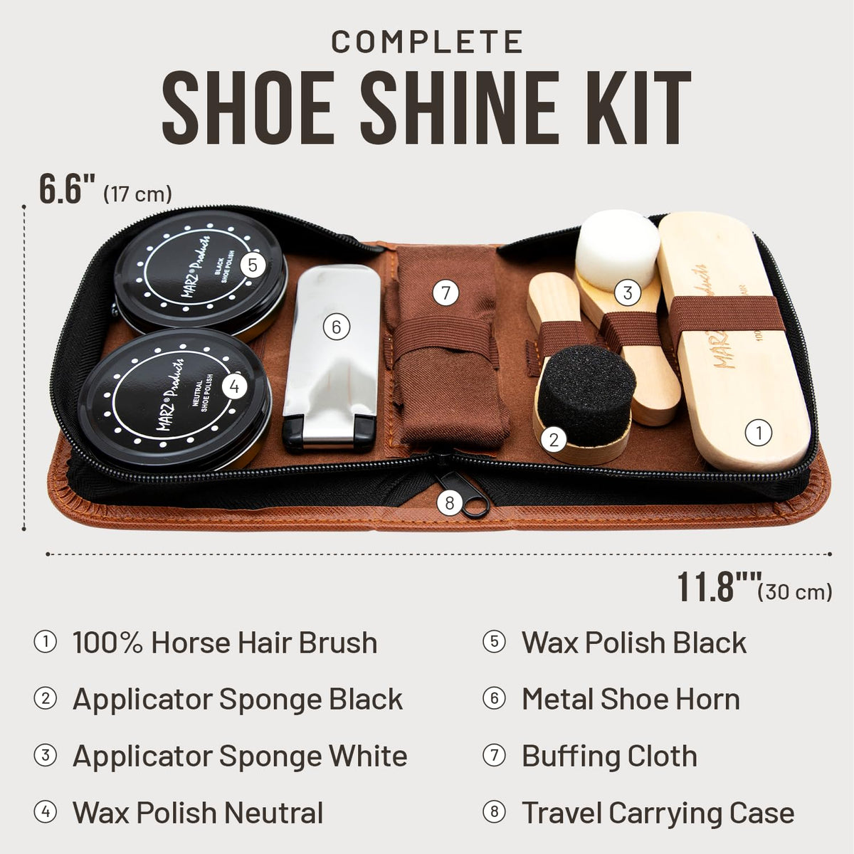 Deluxe Shoe Polish Kit - Portable 7pc Shoe Shine Kit with Genuine Horsehair Brush, Black Shoe Polish, and Clear Shoe Polish - Suede Shoe Cleaning Kit for Sneakers, Leather Shoes, and Boots