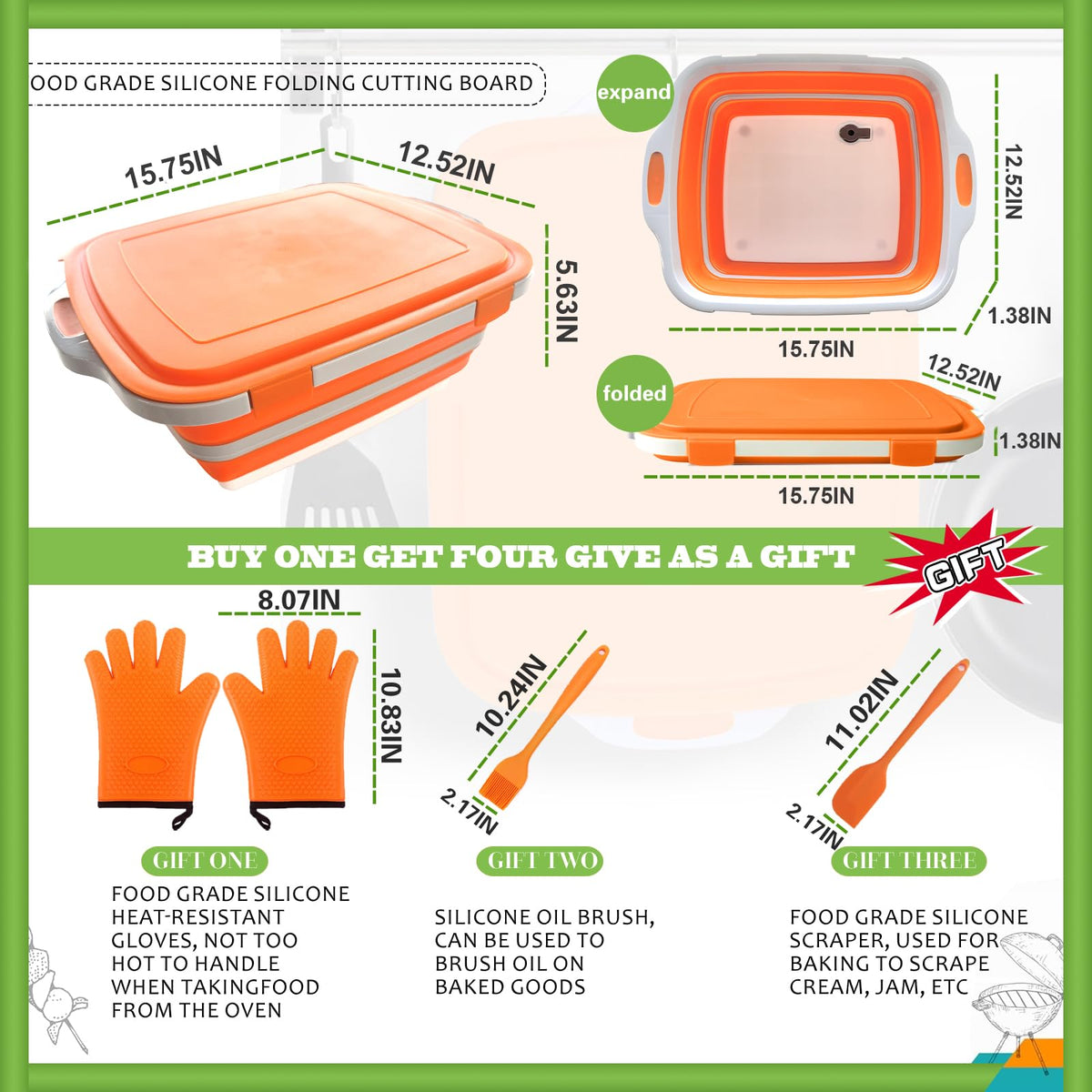 Collapsible BBQ Prep Tub with Lid & Cutting Board 8L - Meat Marinating Basin & Grill Carry System - 5pc Set with Heat Resistant Gloves, Basting Brush & Spatula(Orange, Large, 8L)
