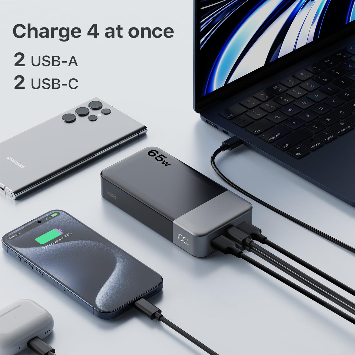NOBIS 20000mAh Battery Pack Power Bank 65W Power Bank, Portable Charger with Digital Display, Dual USB-C/USB-A Fast Charging for Laptop, Phone, Tablet, Travel-Friendly External Battery Pack