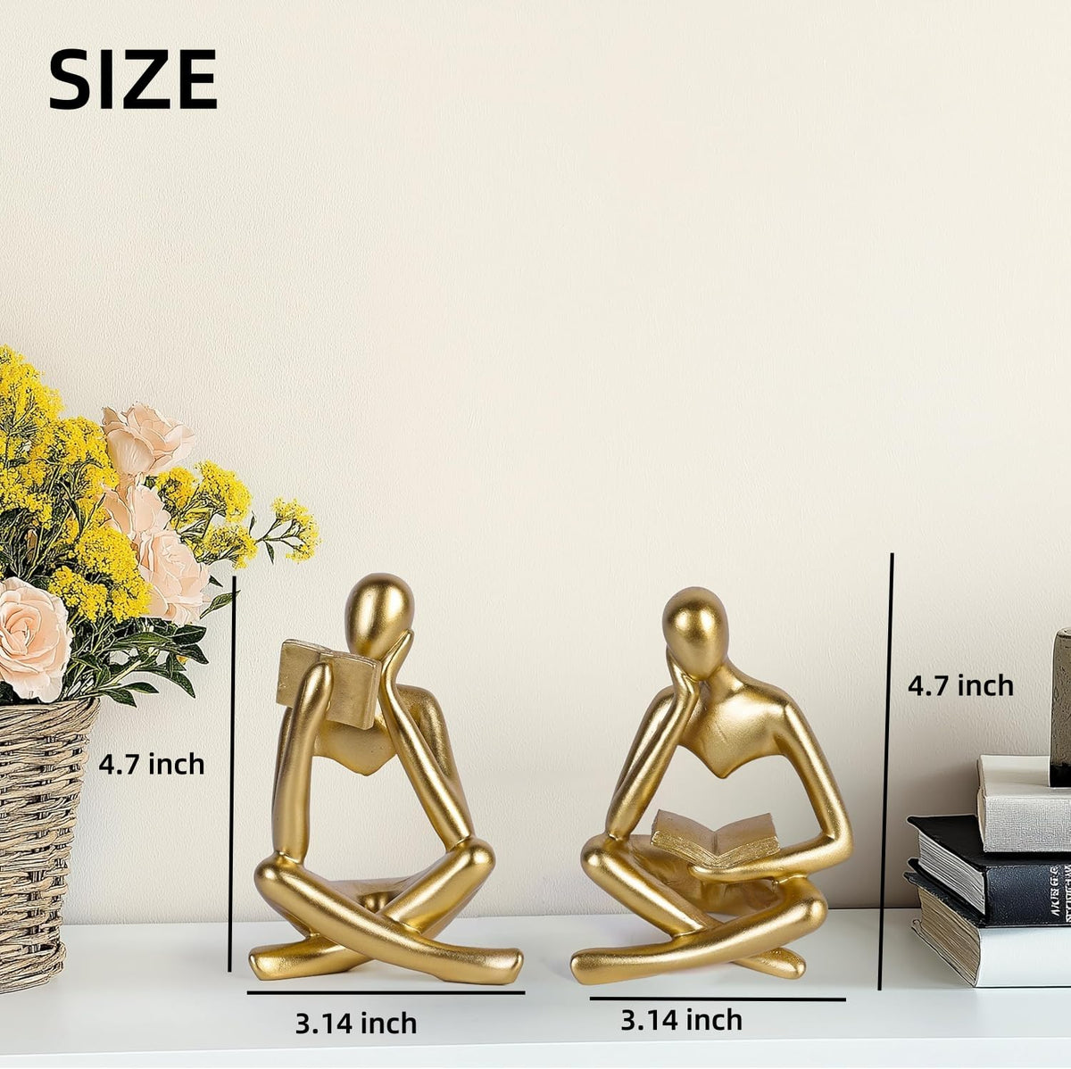 Prettidecor Thinker Statue Set of 2, Abstract Art Reading Sculpture Figurine, Modern Aesthetic Home Decoration for Living Room Bedroom Office Shelves Coffee Table Desk Bookshelf Decor (Gold)