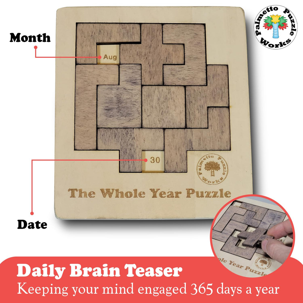 Palmetto Puzzle Works The Whole Year Puzzle – Wooden Puzzles for Teen' & Adults, Educational Games for Families & Gift Ideas for Classroom Games, Shape & Pattern Calendar Brain Teaser for Ages 14+