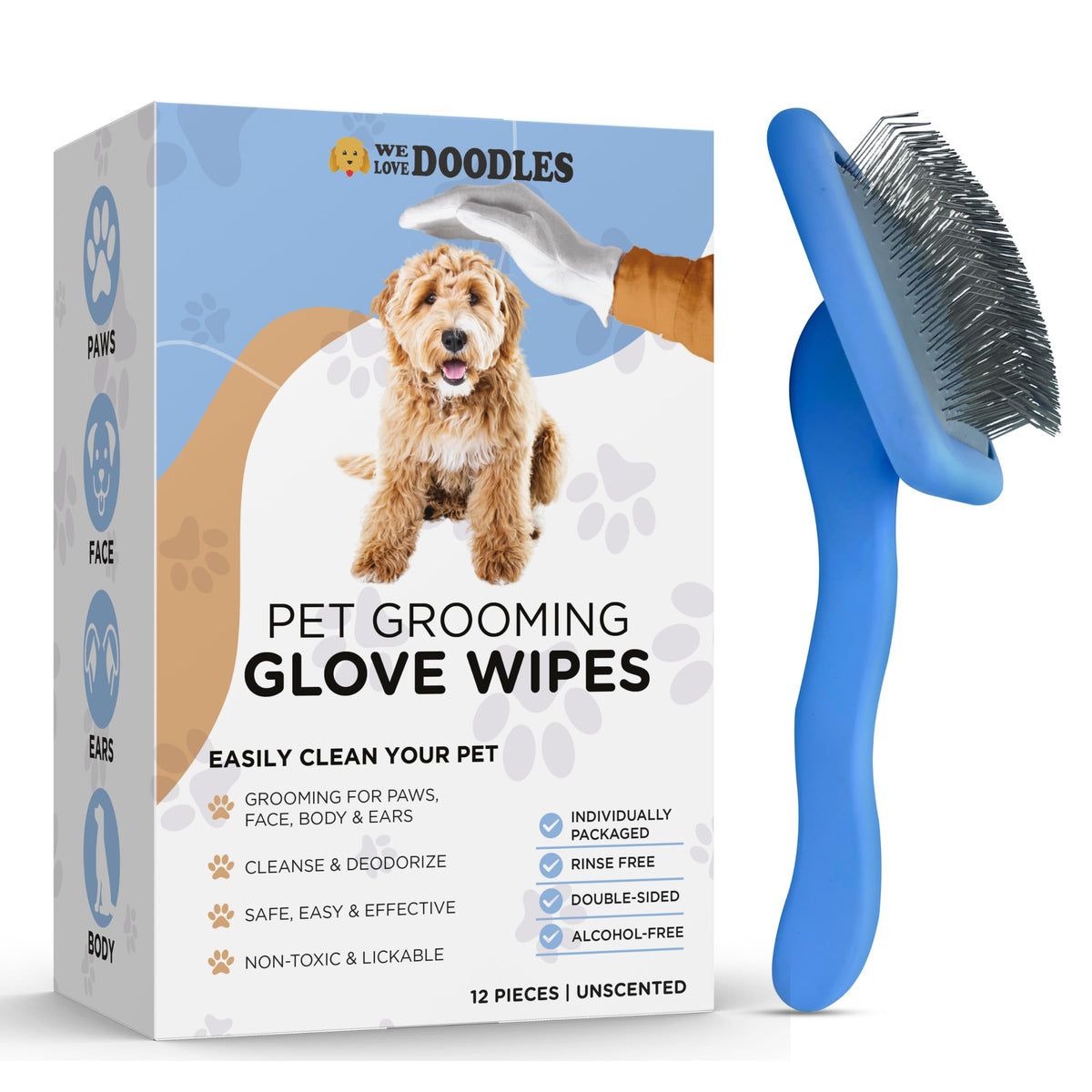 We Love Doodles Dog Gloves Wipes & Dog Slicker Brush Bundle - Pet Bathing Wipes for Dogs, Paws, Face, Body, Ears - Pet Grooming Detangler Pin Dog Brush, Goldendoodle Long Pin Brush for Dematting
