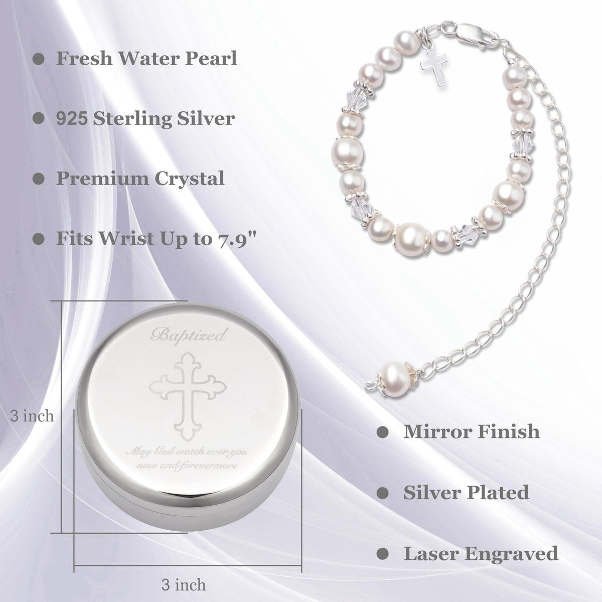 Tryuunion Baptism Bracelet in Sterling Silver and Cultured Pearls for Baby Girls, with Silver-plated Jewelry Keepsake Box, Great Catholic Christening and Baptism Gifts for Girl