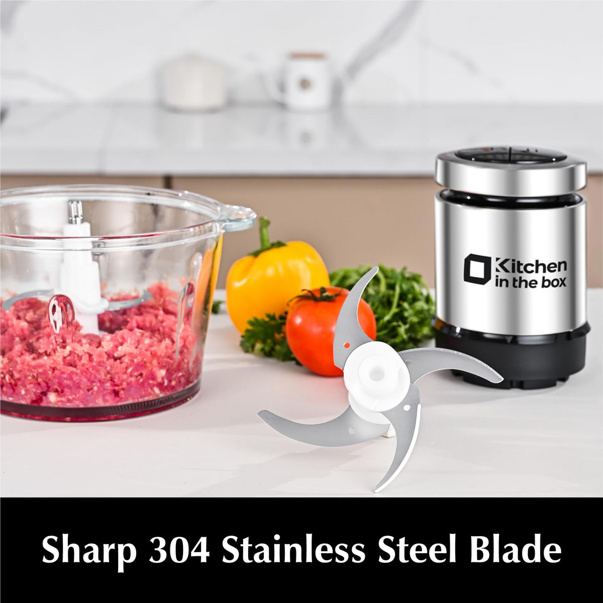 Kitchen in the box Food Processor, Electric Meat Grinder & Food Chopper with 400W Powerful Veggie Chopper-2 Bowls（8 Cup+8 Cup） & 2 Bi-Level Blades for Meat/Fish/Vegetable/Baby Food（Black Button）