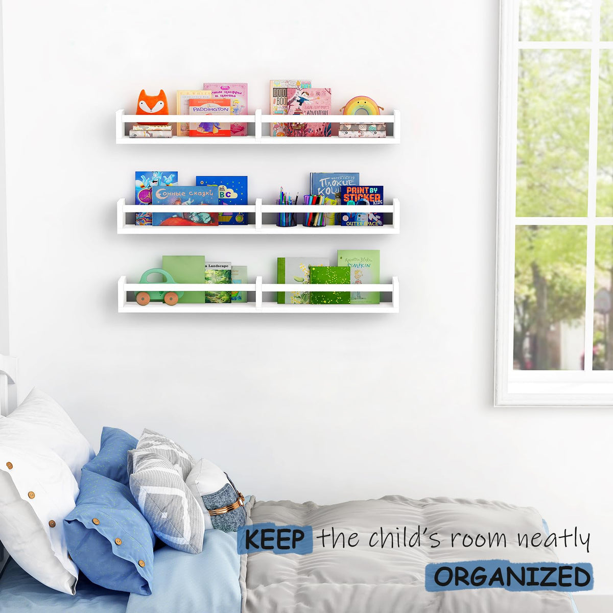 Harwaya Large Nursery Book Shelves Wall Mounted for Kids Room, White Floating Nursery Bookshelf for Baby Girls Boys Bedroom, Toddler Kid Book Shelf for Classroom Library (32 Inch Long Set of 3)