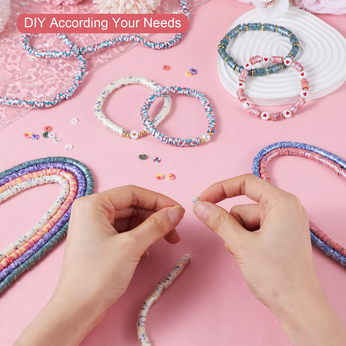 Pandahall 7 Strands 6mm Flat Polymer Clay Beads Speckled Vinyl Heishi Beads 7 Colors Pearlized Colorful Disc Clay Spacer Beads for Friendship Bracelet Necklace Earring Making