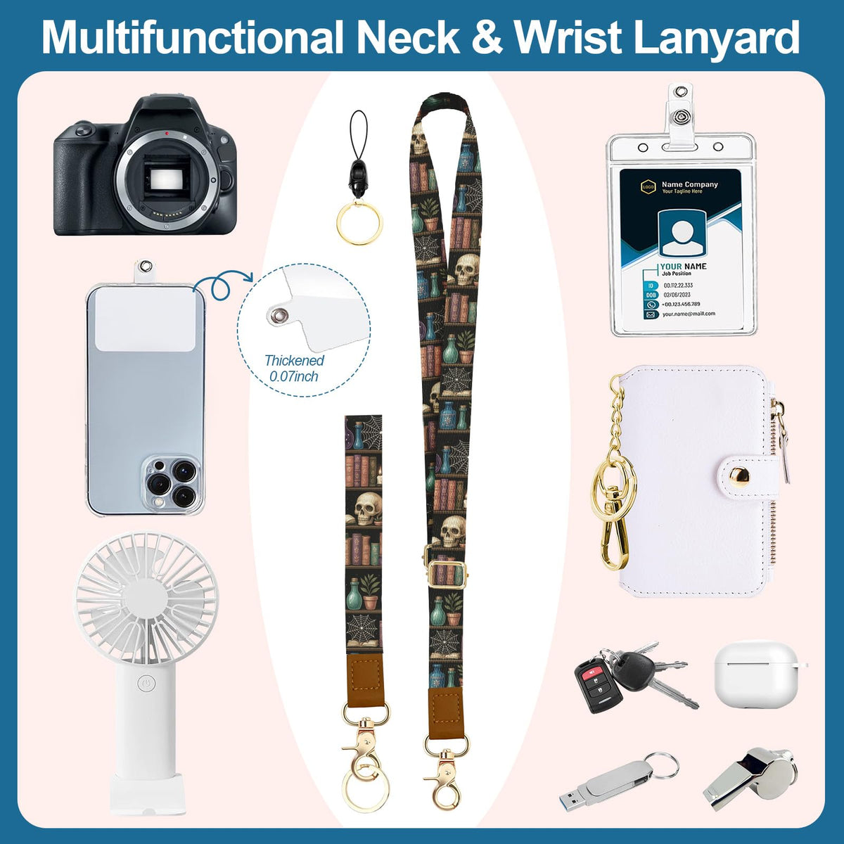 QRZIQRZ Lanyards Wallet & ID Badge Holder,Skull Bookshelf ID Case with Zipper,RFID Credit Card Holder for Women,Detachable Neck Lanyard Wrist Strap with Keychain Phone Holder for Teacher Nurse Gifts