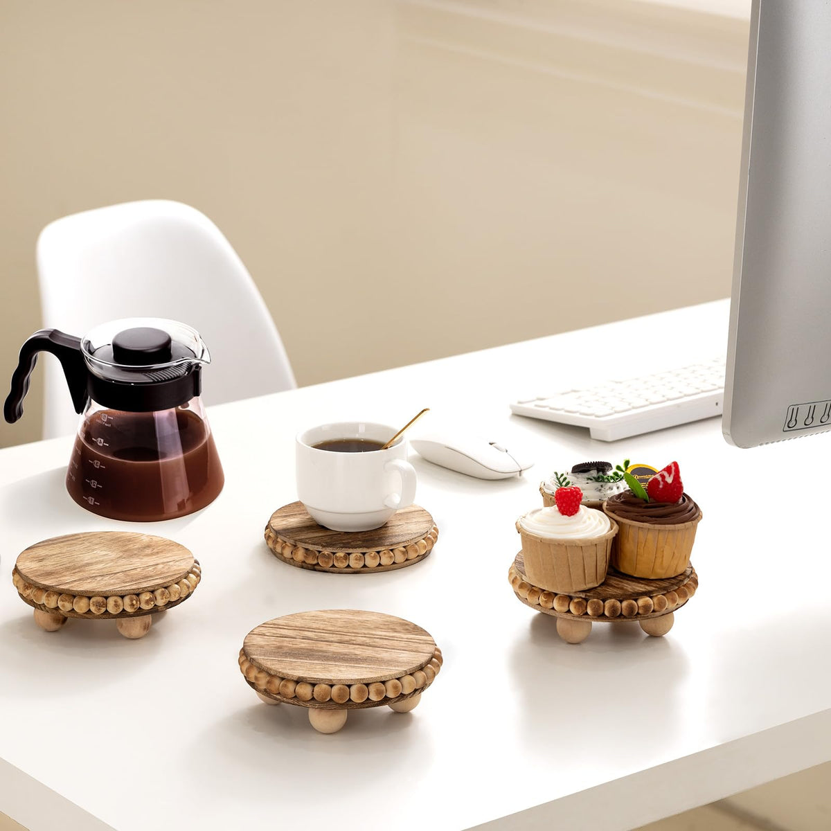 HouseJoy 2Pcs Wood Risers for Display Decorative,Round Beaded Riser Distressed for Decor ,Wooden Farmhouse Coasters Mini Cake Stand Plant Stand,Rustic Pedestal Stand Decor Display Risers for Tiered