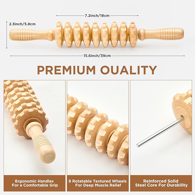 Wooden Cellulite Massage Roller for Legs and Thighs - Handheld Fascia Blaster Tool for Muscle Relief, Lymphatic Drainage & Body Sculpting - Anti Cellulite Massager for Women and Men (9 Wheel)