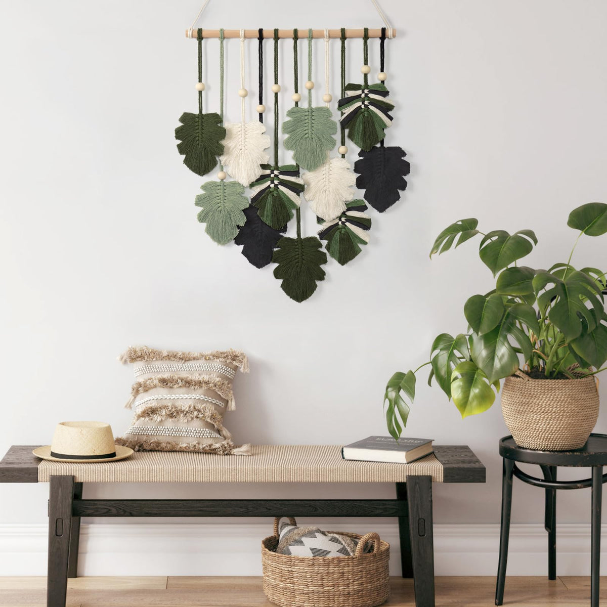 KHOYIME Macrame Wall Hanging Boho Home Decor, Bohemian Leaves Woven Yarn Tapestry Chic Aesthetic Wall Art Modern Handmade Leaf Hanging Decoration for Bedroom Living Room Nursery Office 15.7''W x 20''L