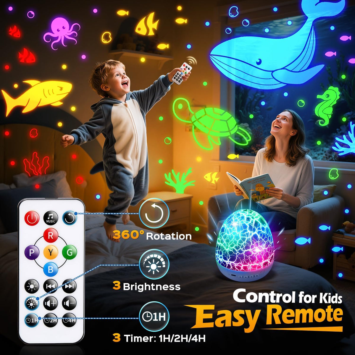 PIKOY Excavator Toys Night Light Projector【15 Sounds & 6 Films】Kids Construction Toys Truck Night Lights [31 Colors & Remote] Dinosaur Egg Light for Nursery Boys Kids Toddler Birthday Gifts 1-10 Years