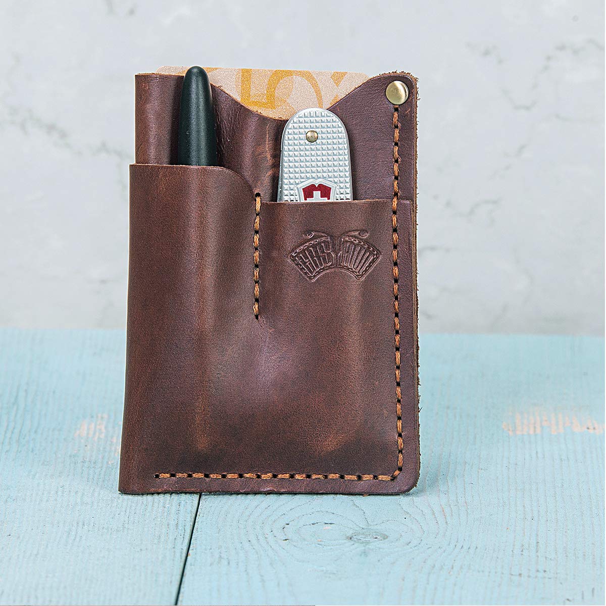 EASYANT Leather EDC Pocket Organizer Men Handmade Sheath Knife Holster Pouch Wallet Brown