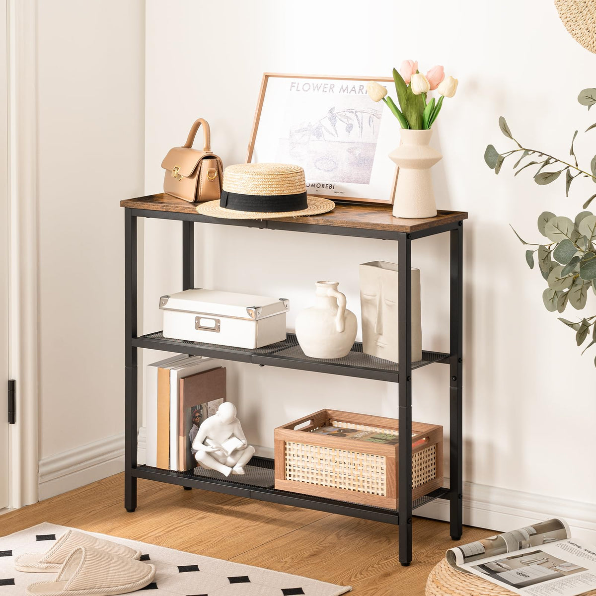 HOOBRO 29.5" Narrow Console Table Bundle, 5 Tiered Plant Shelf Flower Stand for Multiple Indoor Plants, for Hallway, Entrance, Living Room, Bedroom BF73XG01-BF06HJ01