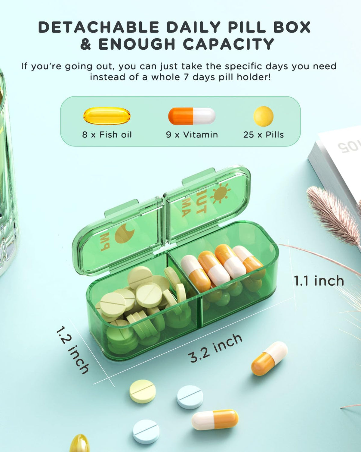 Pill Organizer 2 Times A Day, 7 Day Am Pm Pill Box - Acedada Weekly Pill Organizer with Separate Container, Portable Daily Medicine Planner Dispenser Case for Vitamin, Fish Oils, Supplements, Green