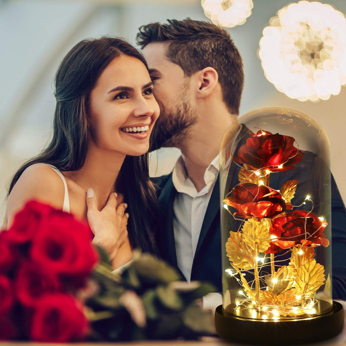 Valentine's Day Gifts for her, Eternal Rose in Glass Dome - Beauty and The Beast Inspired Keepsake, Gifts for Mom/Wife/Grandma, Preserved Roses with LED Light for Birthday/Anniversary