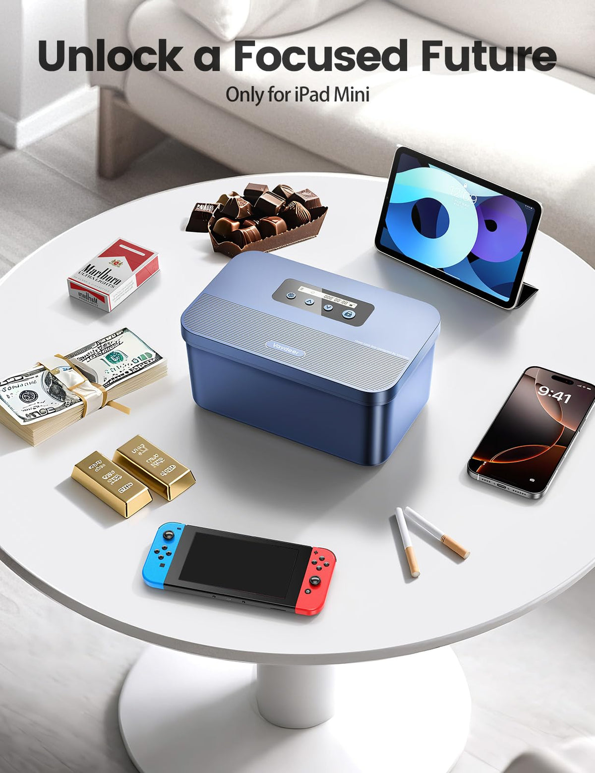 Vaydeer Safe Timed Lock Box, Phone Lock Box with Timer Unplug from Phones, Video Games, Social Media, Snacks & Cravings, Self-Control Lockable Storage Box for Focus & Self-Control(Dark Blue)