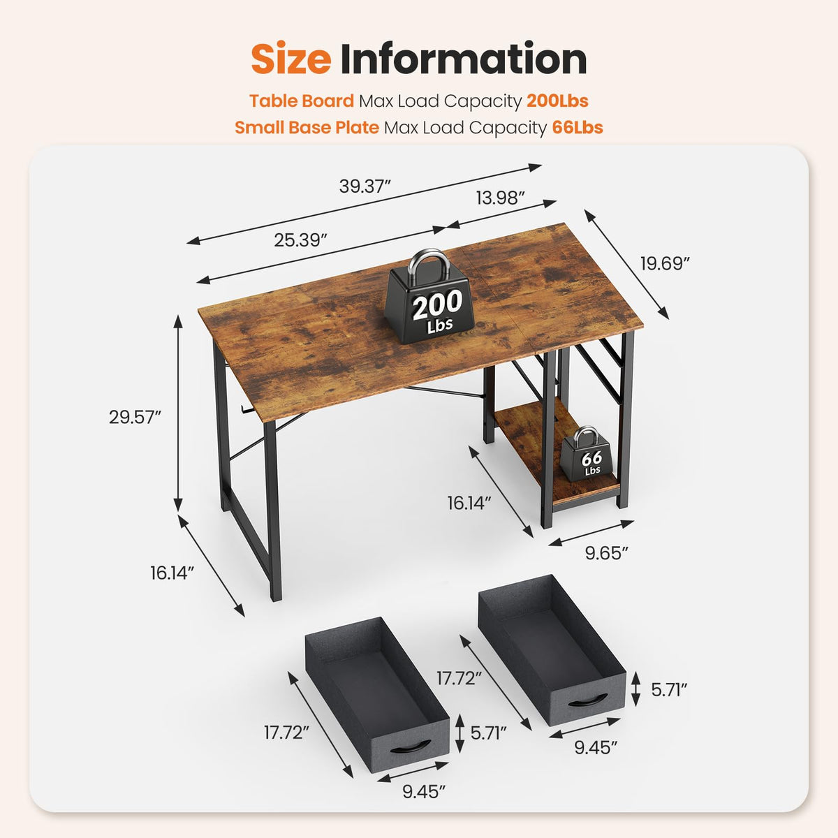 Sweetcrispy 40 Inch Computer Desk with Drawers for Home Office, Writing Desk with X-Shaped Reinforcement, Wood Table with Adjustable Position Drawers, Modern Study Work Table with Side Hook, Rust