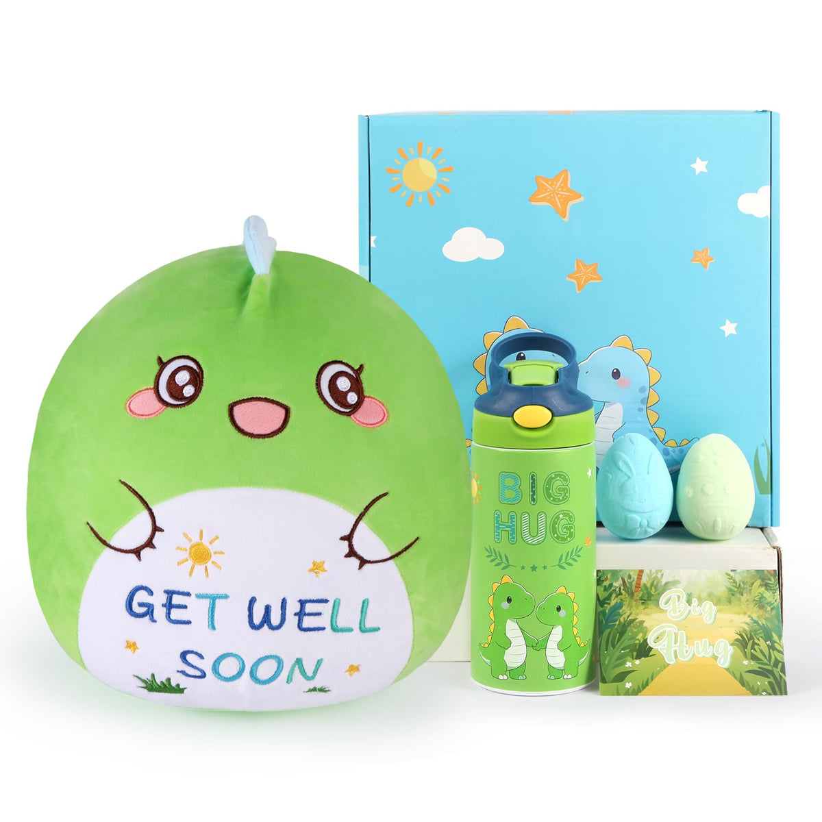 Get Well Soon Gift for Kids, Feel Better Gifts for Kids Boys, Dinosaur Stainless Steel Vacuum Tumbler & 12'' Get Well Soon Unicorn Plush Pillow, After Surgery Gifts for Boy (Dinosaur)