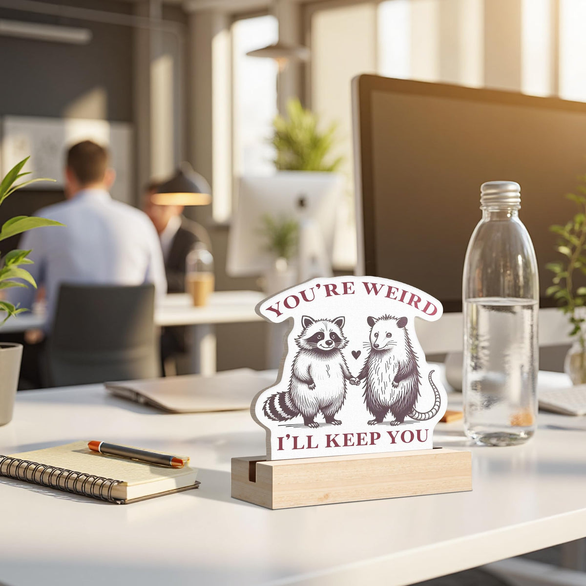 DEQSX You Are Weird I’ll Keep You Humorous Sarcastic Wooden Sign Decor, Cute Funny Raccoon Opossum Meme Shaped Wooden Sign Plaque with Stand for Home Office Desk Table Shelf Decor, Funny Office Gifts