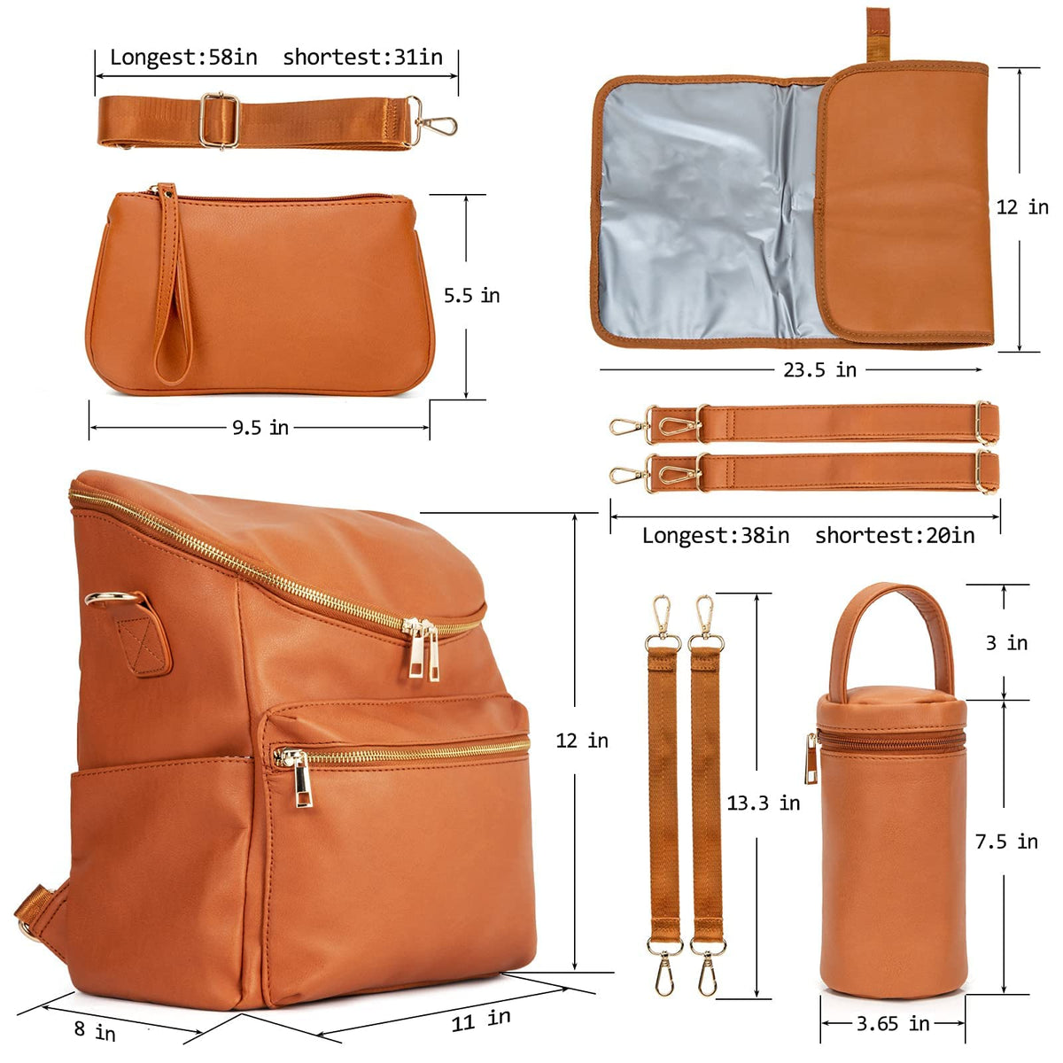Minsong Diaper Bag Backpack,Fashion Leather Mommy Backpacks,Travel Toddler Baby Diaper Bags with in Bag Organizer and Changing Pad (Brown)