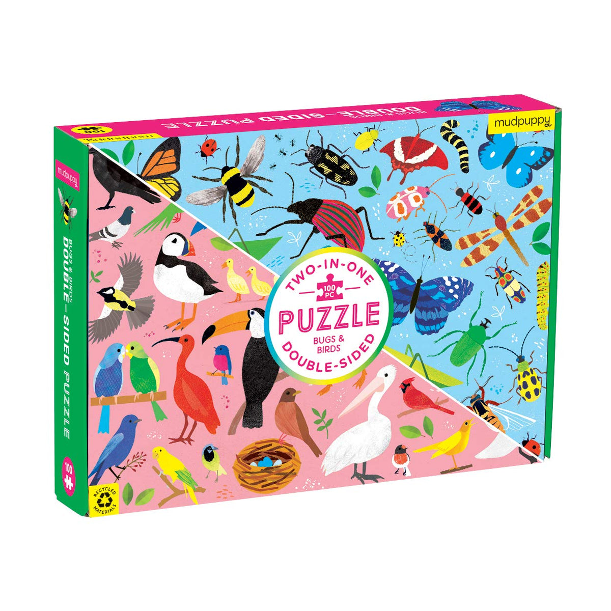 Mudpuppy Bugs and Birds Double-Sided Puzzle, 100 Pieces, 22” x 16.5” – Perfect Family Puzzle for Ages 6+ - Colorful Illustrations of Birds on One Side and Bugs on the Other, Multicolor (0735363749)