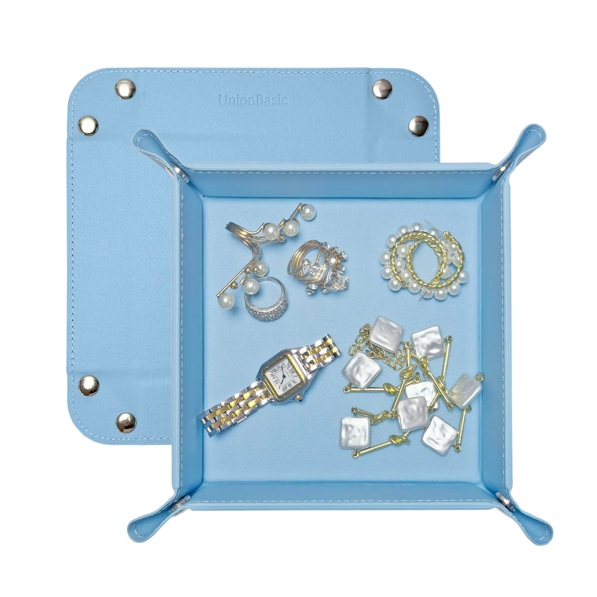 UnionBasic Small Valet Tray, Jewelry Tray for Rings Watches Earrings, Entryway Catchall Caddy for Coins Keys Change, Nightstand Bedside Valet Holder, Trays for Electronic Gadgets, Blue
