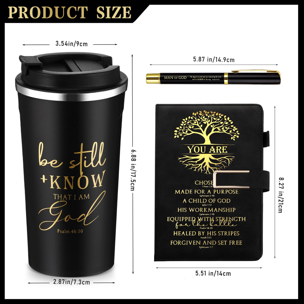 Pickmesh 3Pcs Fathers Day Christian Gift for Men Man of God Prayer Leather Journal with Pen Coffee Cup Bible Study Kit for Graduation Birthday Coworker Pastor Church(Be Still & Know,Black)