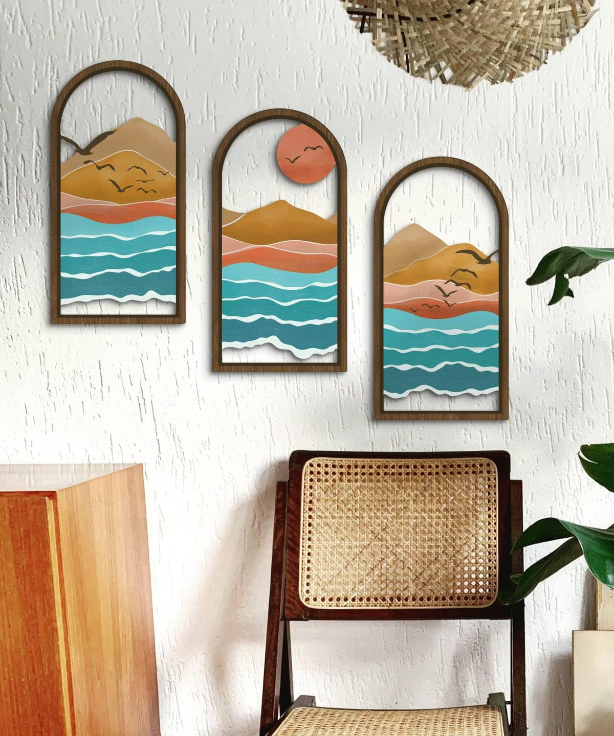 Putuo Decor Minimalist Modern Wall Art Set of 3, Abstract Nature Inspired Sun Mountain Sea Wall Decor, Wood Framed Mountain Landscape Wall Art for Living Room Bedroom Office, 16 x 8 in