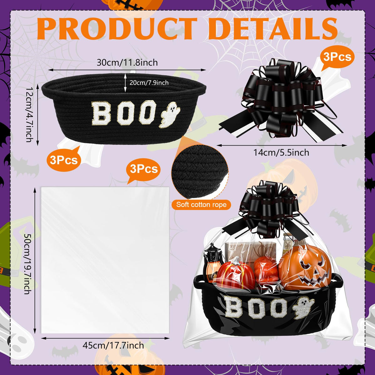 Acellegic 3 Sets Halloween Boo Basket for Gifts with Bows Ribbons Cute Boo Ghost Woven Candy Baskets Trick or Treat Bucket for Halloween Holiday Birthday Treat Wrapping Party Supplies (Black)