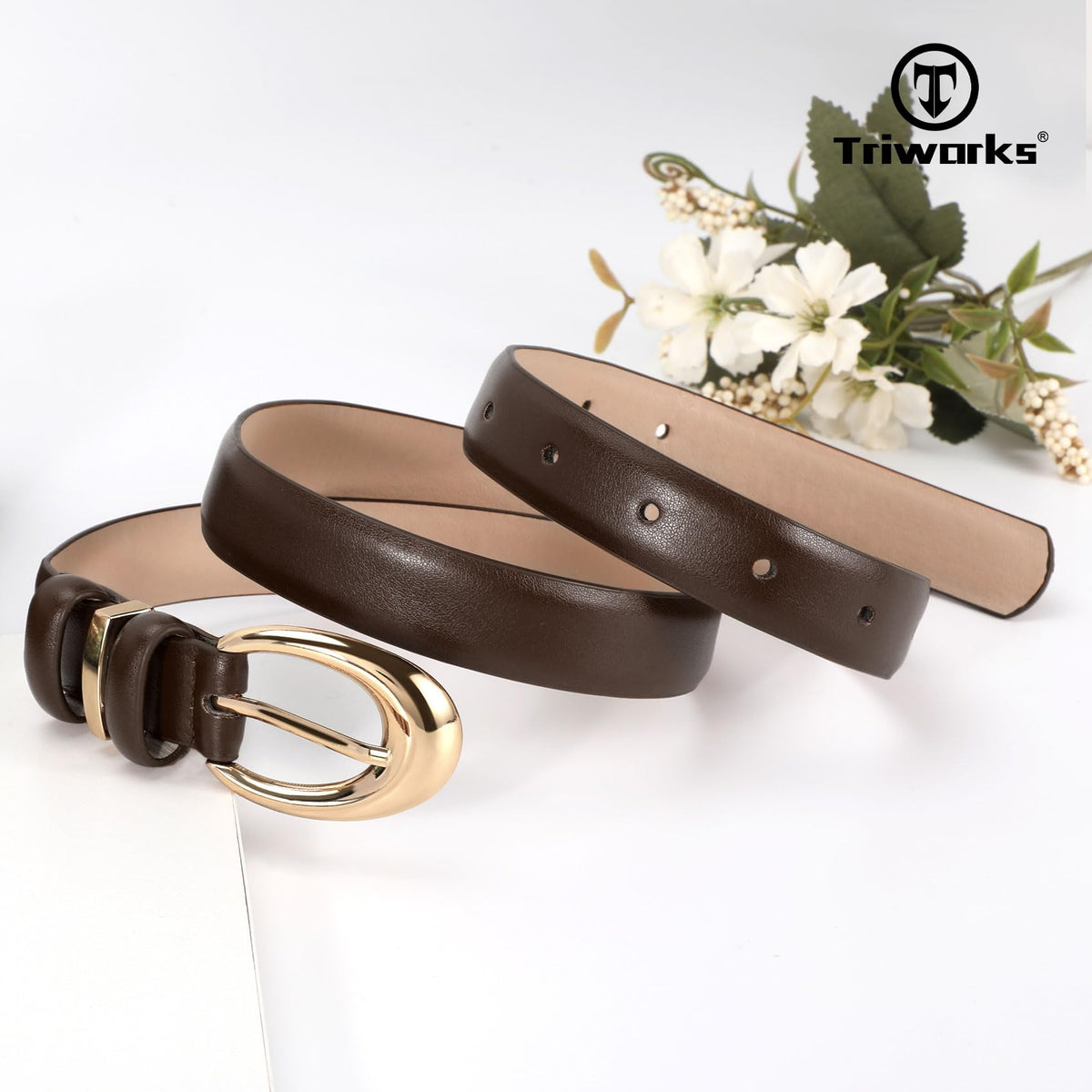 TRIWORKS 2 Pack Women Leather Belt for Jeans Pants Fashion Ladies Skinny Faux Leather Belt with Gold Buckle