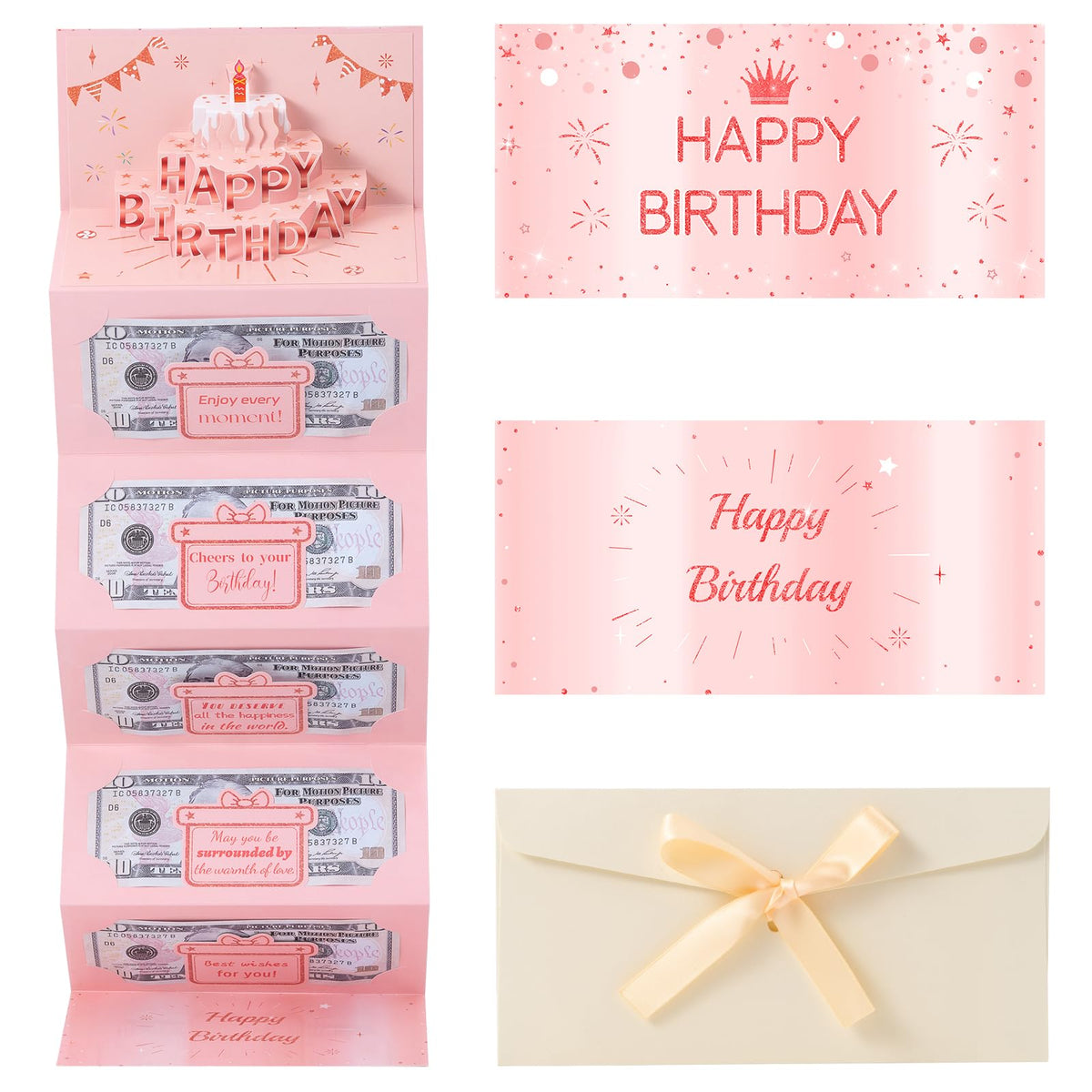 HOMANGA Birthday Money Envelope for Cash Gifts, Birthday Money Holder with 3D Cake, Birthdays Cash Gift for Men Women Girls Boys (Pink)